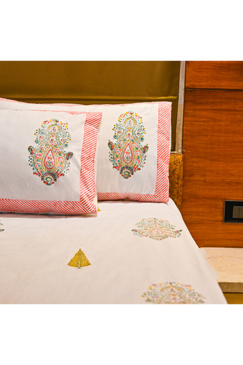 SARAS LABEL Heritage Block Print 100% Cotton Percale Bedsheet with 2 Pillowcases
