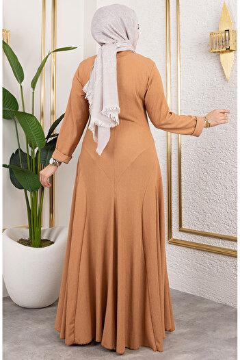 sefamerve Volan Deyaylı Bürümcük Elbise 7132-08 Taba