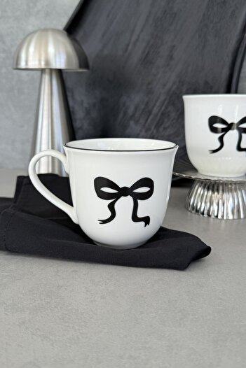 porselenden Bow Porcelain 2-Piece Mug Cup Large Size Black Ribbon Patterned