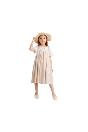 Oliven The Kid Linen Gilet with Embroidered Straps - Natural - Stylish Girl's Dress