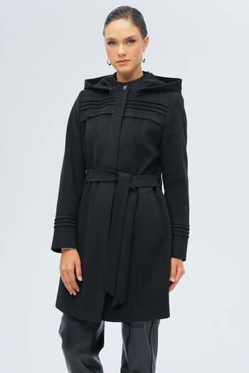 Olcay Removable Hooded Ribbed Detailed Coat Black 3126
