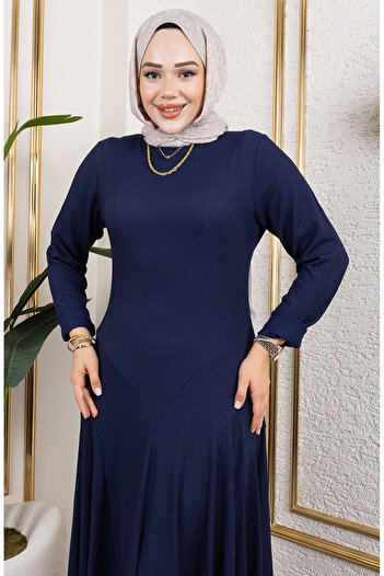 sefamerve Volan Deyaylı Bürümcük Elbise 7132-02 Lacivert