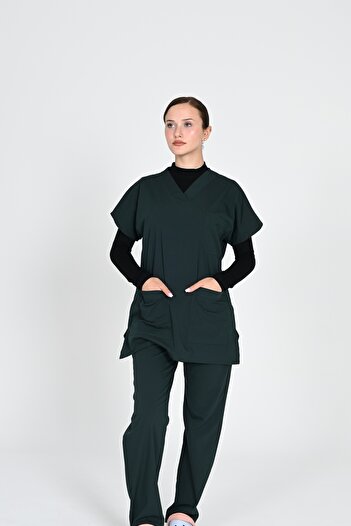 HEMİ K.Green Lycra Hijab Bat Sleeve Doctor and Nurse Uniform Set Hospital Uniform