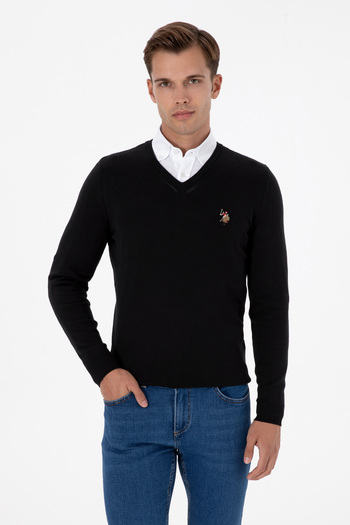 U.S. Polo Assn. Men's Black Sweater With V-Neck And Embroidered Color Logo