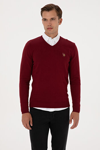 U.S. Polo Assn. Men's Burgundy Sweater With V-Neck And Embroidered Color Logo