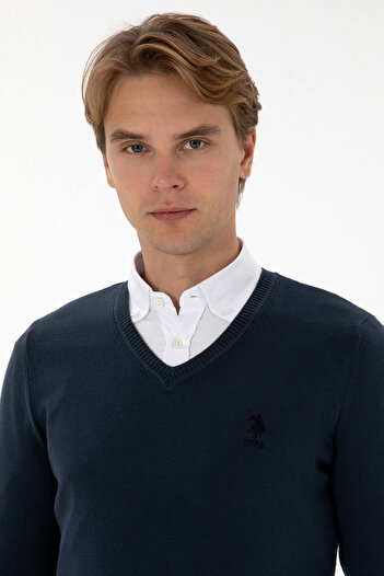 U.S. Polo Assn. Men's Indigo V-Neck Sweater with Embroidered Logo