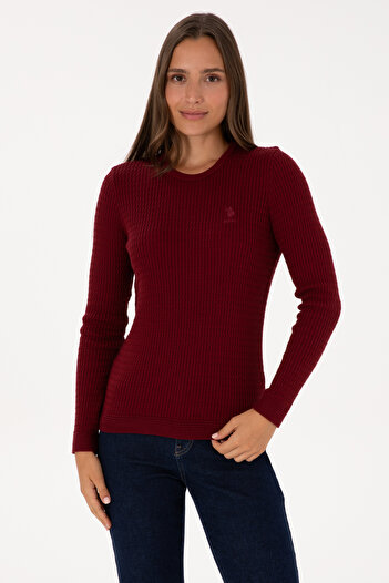 U.S. Polo Assn. Women's Burgundy Sweater With Round Collar And Cable Texture