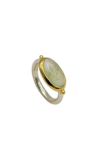 Eylül silver Inel placat cu aur din argint cu cabochon orizontal de prehnit