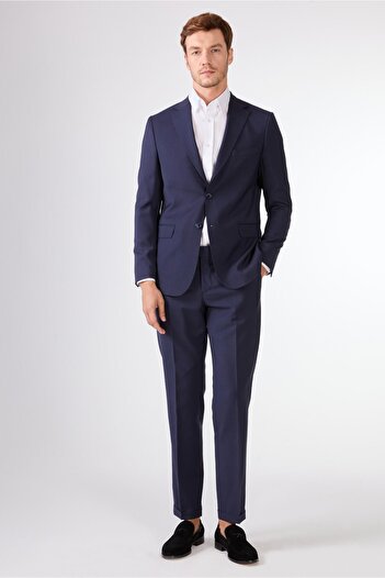 Dufy Navy Blue Solid Color Wool Slim Fit Men's Suit