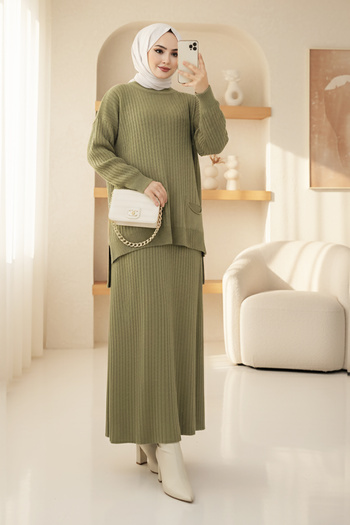 MODAQU Tunic with Skirt and Hijab Knitwear Set - Khaki