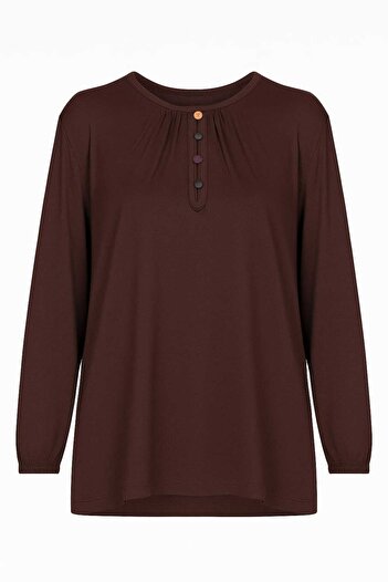 ziend fashion Women's Lycra Mid-Age and Older Four Seasons Brown Mother Combed Cotton Blouse Button Patterned Elastic Sleeves
