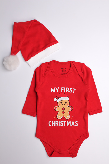 Mini Ropa Baby Christmas-Christmas Themed Organic Body & Hat Set Unisex Red