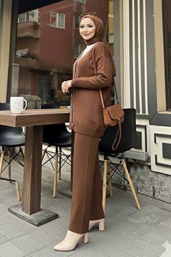 benguen Striped Detailed Knitwear Jacket Set H25302 Brown