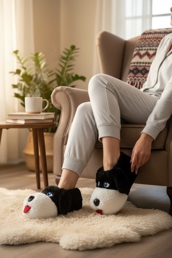 DERKADESİGN Plush Slippers with Dog Figure Unisex Animal Slippers - Home Boots