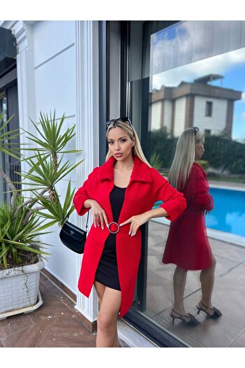 For Angels Fur Collar and Sleeves Polo Collar Belted Cardigan