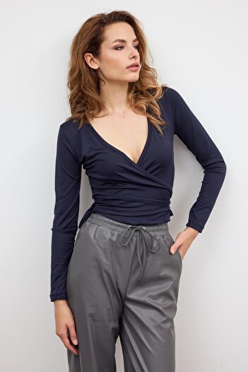 SHERIN Navy Blue Basic Double Breasted Tie-Up Blouse