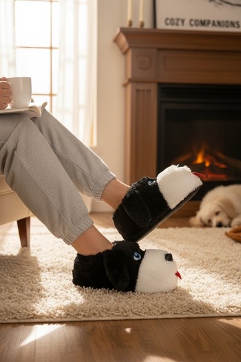 DERKADESİGN Plush Slippers with Dog Figure Unisex Animal Slippers - Home Boots
