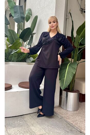 LİKRA Women's Plus Size Double Breasted Tie-Necklace Collar, Pocketed Loose-Leg Lycra Scuba Crepe Evening Dress Suit
