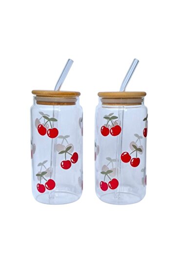 OEM Set of 2 glasses with straw, Bamboo lid, glass material, 2x500ml