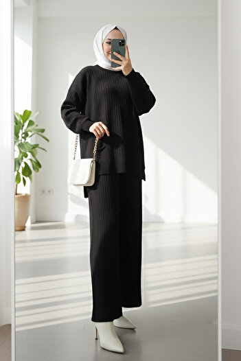 MODAQU Tunic with Skirt and Hijab Knitwear Set - Black