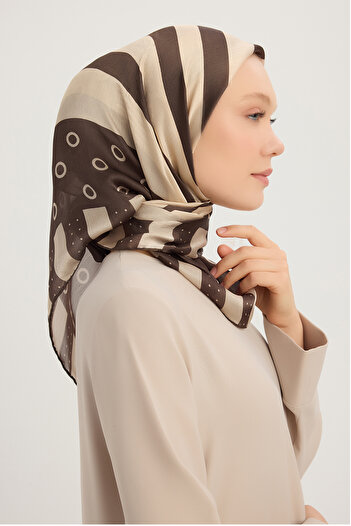 Schaless Rhythmic Geometry - Brown - Aurora Patterned Janjan Scarf - 90X90 cm