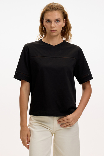 Allyco Openwork Detailed Crew Neck Regular Knitted Black T-Shirt