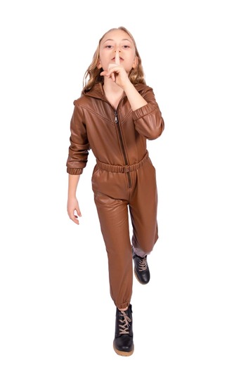 Ozmoz By Mukadder Özden Velvet-Lined Faux Leather Hooded Winter Girls' Jumpsuit