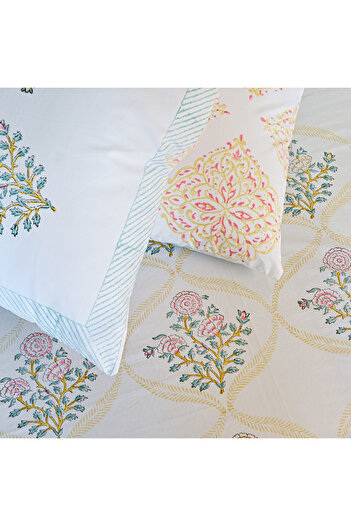 SARAS LABEL Heritage Block Print 100% Cotton Percale Bedsheet with 2 Pillowcases