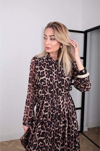 Ecenin Favorileri Leopard Print Chiffon Shirt Dress
