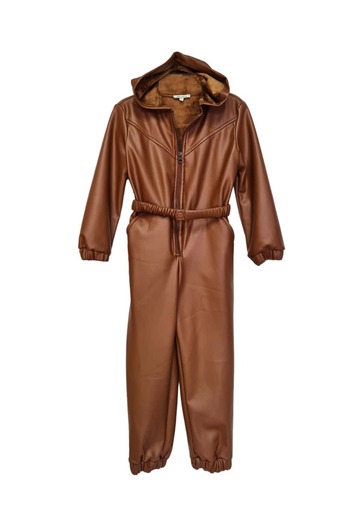 Ozmoz By Mukadder Özden Velvet-Lined Faux Leather Hooded Winter Girls' Jumpsuit