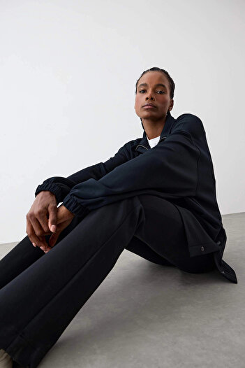 DeFacto D1457 Black Defactofit Long Fit Stand Collar Zippered Modal Sweatshirt