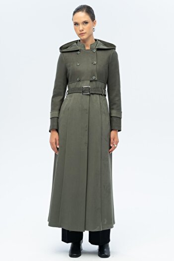 Olcay Hooded Garni Detailed Suede Look Overcoat A.Haki 6677