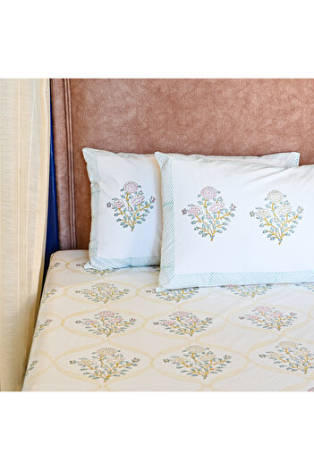 SARAS LABEL Heritage Block Print 100% Cotton Percale Bedsheet with 2 Pillowcases