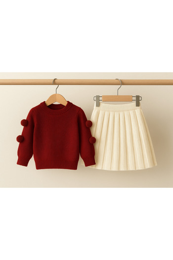 Nimini Kids New Season Flexible Crew Neck Pompom Sweater and Knitwear Pleated Detailed Skirt Top and Bottom Set (2-8 Years Old)