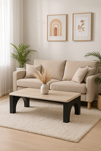 MARIA HOMES Modern Wooden Coffee Table with Black Arched Legs Elegant Center Table for Living Room 130×70×45 cm