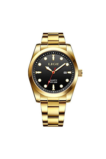 Lige Men's Watch Analog Quartz Gold Steel Luminous Hands Date Display