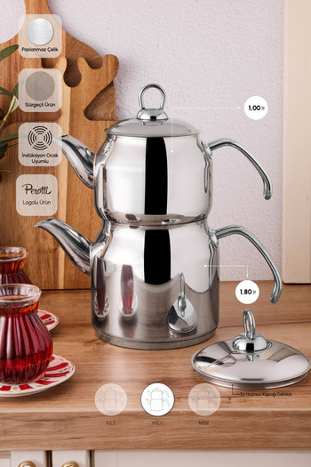 Perotti Tahtakale Induction Base Midi Steel Teapot Set 1.00Lt - 1.80Lt