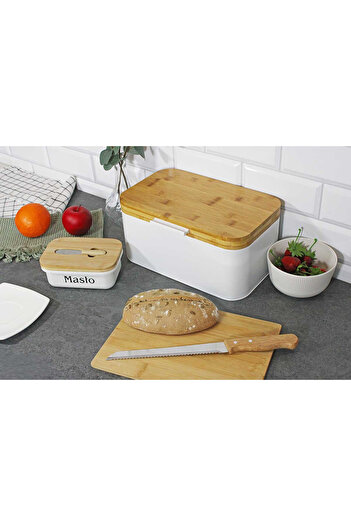 Other STEEL BREAD BOX WITH WOODEN LID 4260 WHITE
