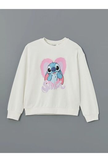 LC Waikiki Lcw Kids Ecru Crew Neck Stitch Printed Girls' Thick Sweatshirt