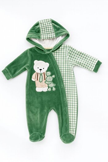 mini mia Baby Snap Hooded Velvet Jumpsuit with Teddy Bear Print
