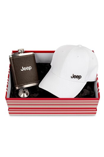 PERLOTUS Jeep Logo Gift Box Leather Case Covered 8 oz Steel Flask White Hat Set