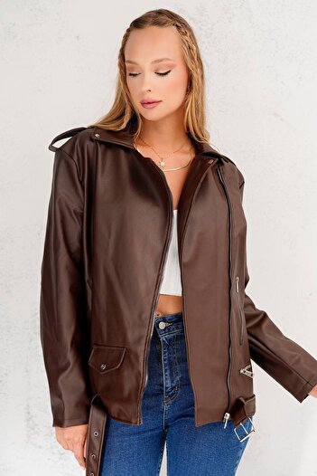 VAGGON Women's Bitter Brown Zipper Detailed Long Faux Leather Jacket Vs01272