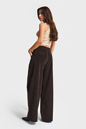its basic Γυναικείο παντελόνι καφέ 26w5-136 Midrise Wide Leg Fit Corduroy Velvet Fabric