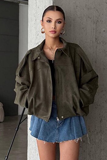 VAGGON Women's Khaki Oversize Suede Zippered Jacket Vs01267