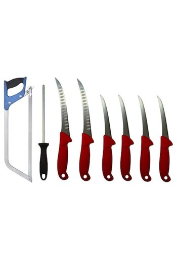 Globalport Retail Complete butcher set: 6 professional knives Red Handle, 20 cm massaged, bone saw