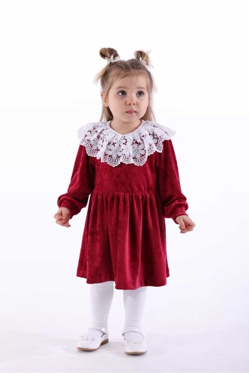 Ozmoz By Mukadder Özden Lace Collar Soft Burgundy Velvet Little Girl Dress