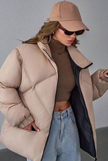 VAGGON Women's Beige Zippered Pocket Puffer Coat Vs01266