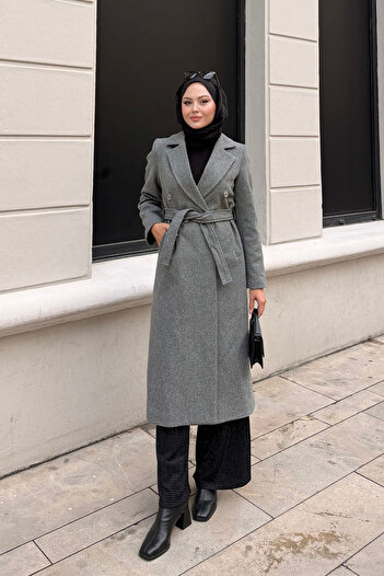 LOCCO Women's Medium Length Cashmere Coat with Buttons and Waist Tie, Smoked