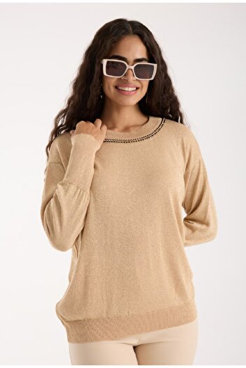 Coşkun GİYİM Women's Vortex Viscose Yarn Stone Detailed Crew Neck Silvery Sweater Vi̇zon 7089