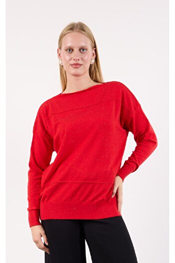 Coşkun GİYİM Women's Boat Neck Glitter Sweater Red 71002